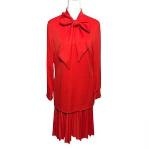 Vintage 1960 Red Pleated Bow Tie‎ Long Sleeve Drip Waist Dress Size Medium